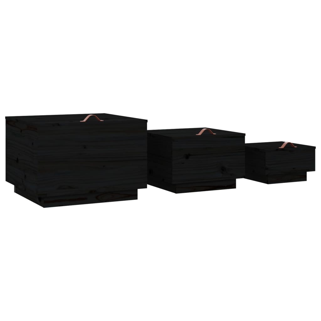 vidaXL Boîtes de rangement avec couvercles 3 pcs Noir Bois de pin massif