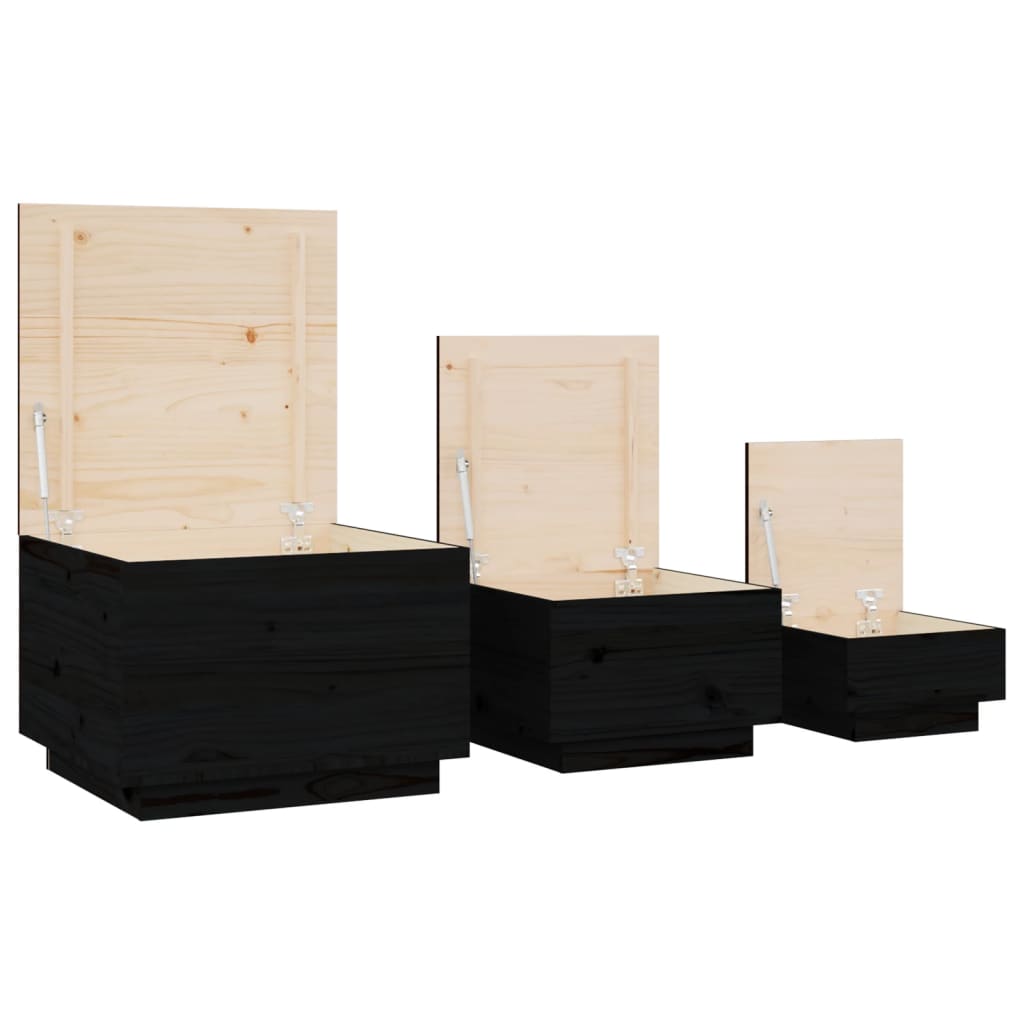 vidaXL Boîtes de rangement avec couvercles 3 pcs Noir Bois de pin massif
