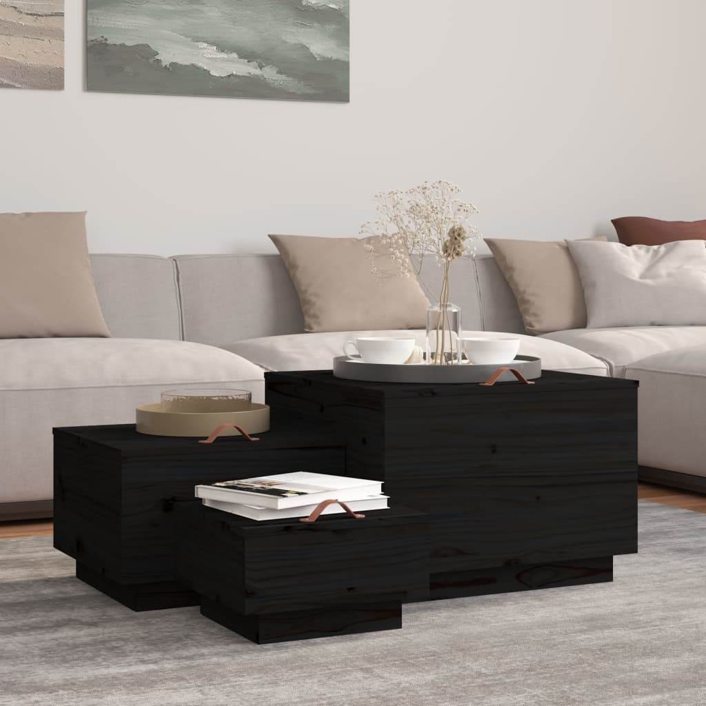 vidaXL Boîtes de rangement avec couvercles 3 pcs Noir Bois de pin massif