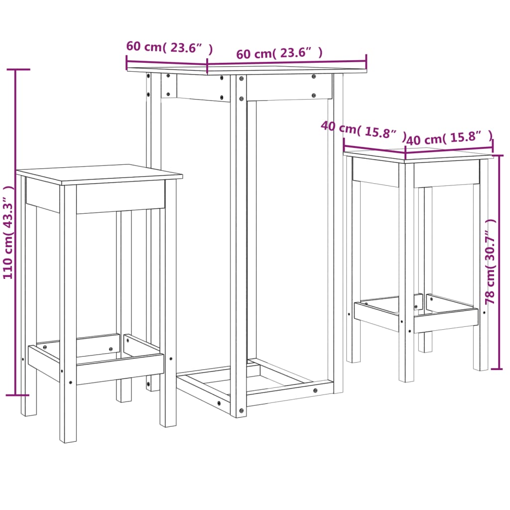 vidaXL Ensemble de bar 3 pcs Blanc Bois de pin massif