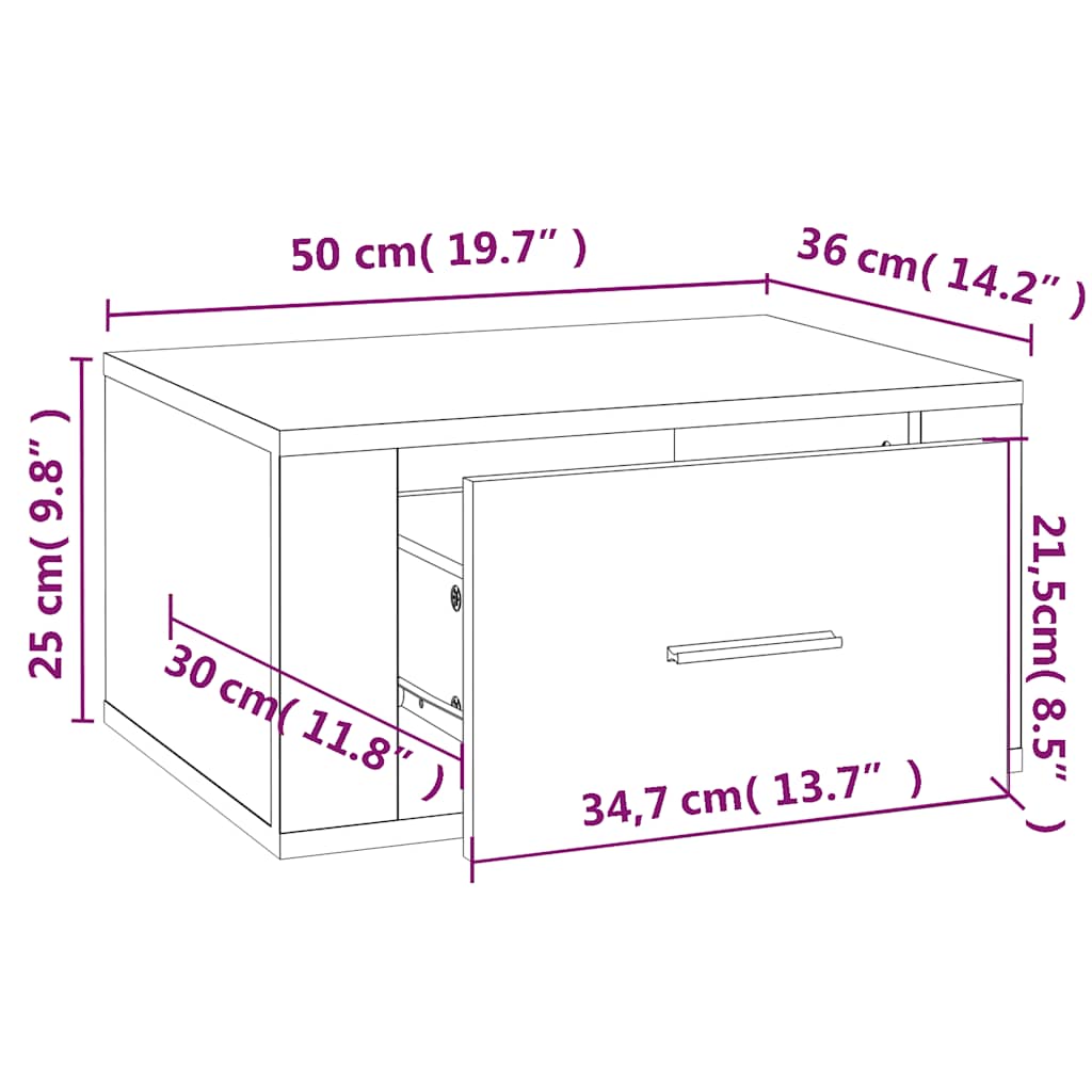 vidaXL Table de chevet murale blanc brillant 50x36x25 cm