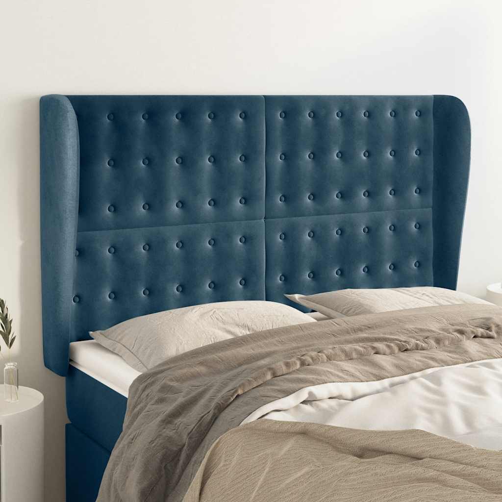 vidaXL Kopfteil mit Ohren Dunkelblau 147x23x118/128 cm Samt