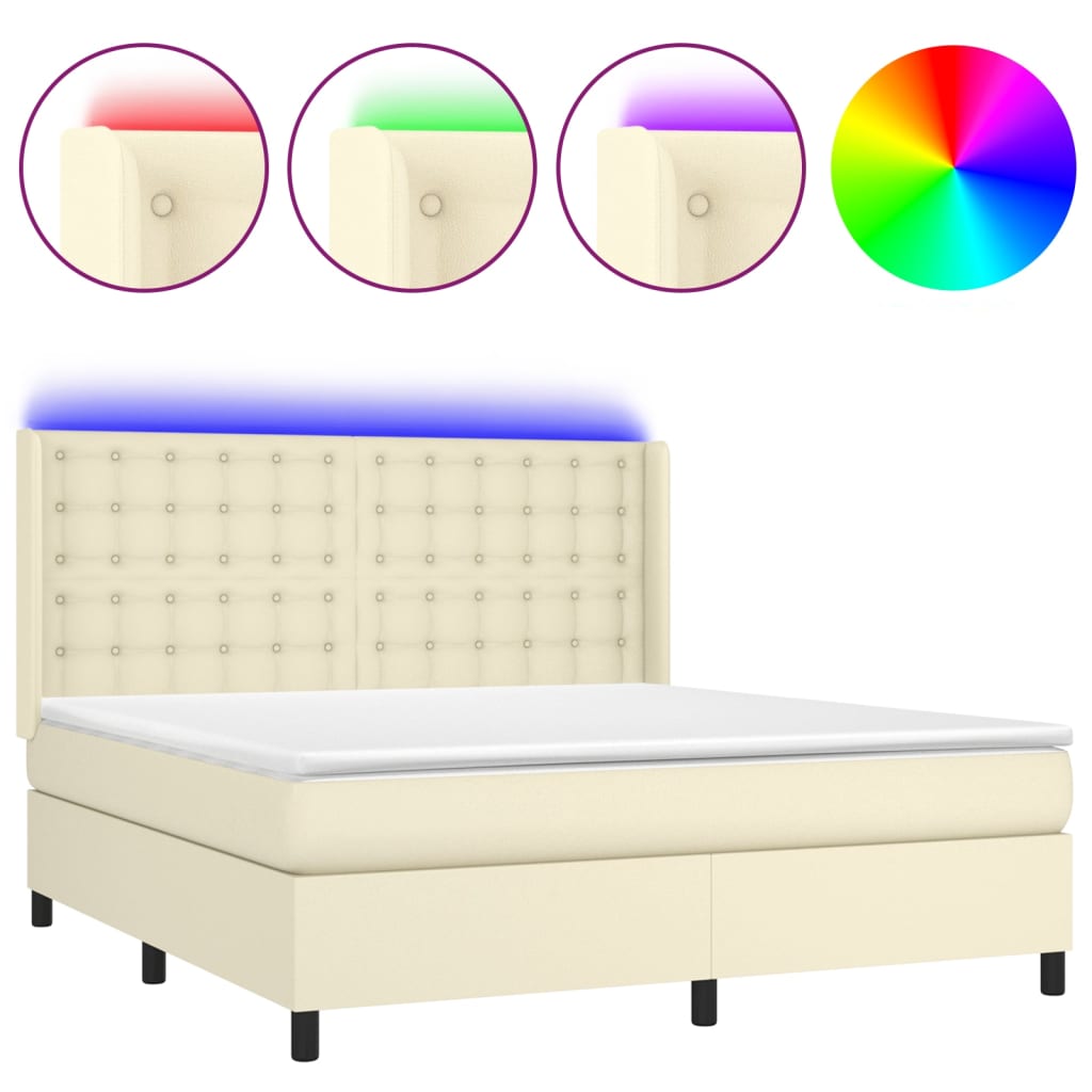 vidaXL Boxspringbett mit Matratze & LED Creme 160x200 cm Kunstleder
