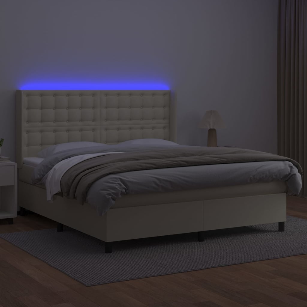 vidaXL Boxspringbett mit Matratze & LED Creme 160x200 cm Kunstleder