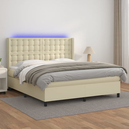 vidaXL Boxspringbett mit Matratze & LED Creme 160x200 cm Kunstleder