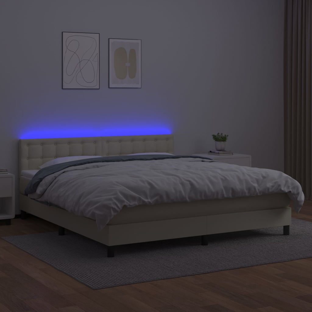 vidaXL Boxspringbett mit Matratze & LED Creme 160x200 cm Kunstleder