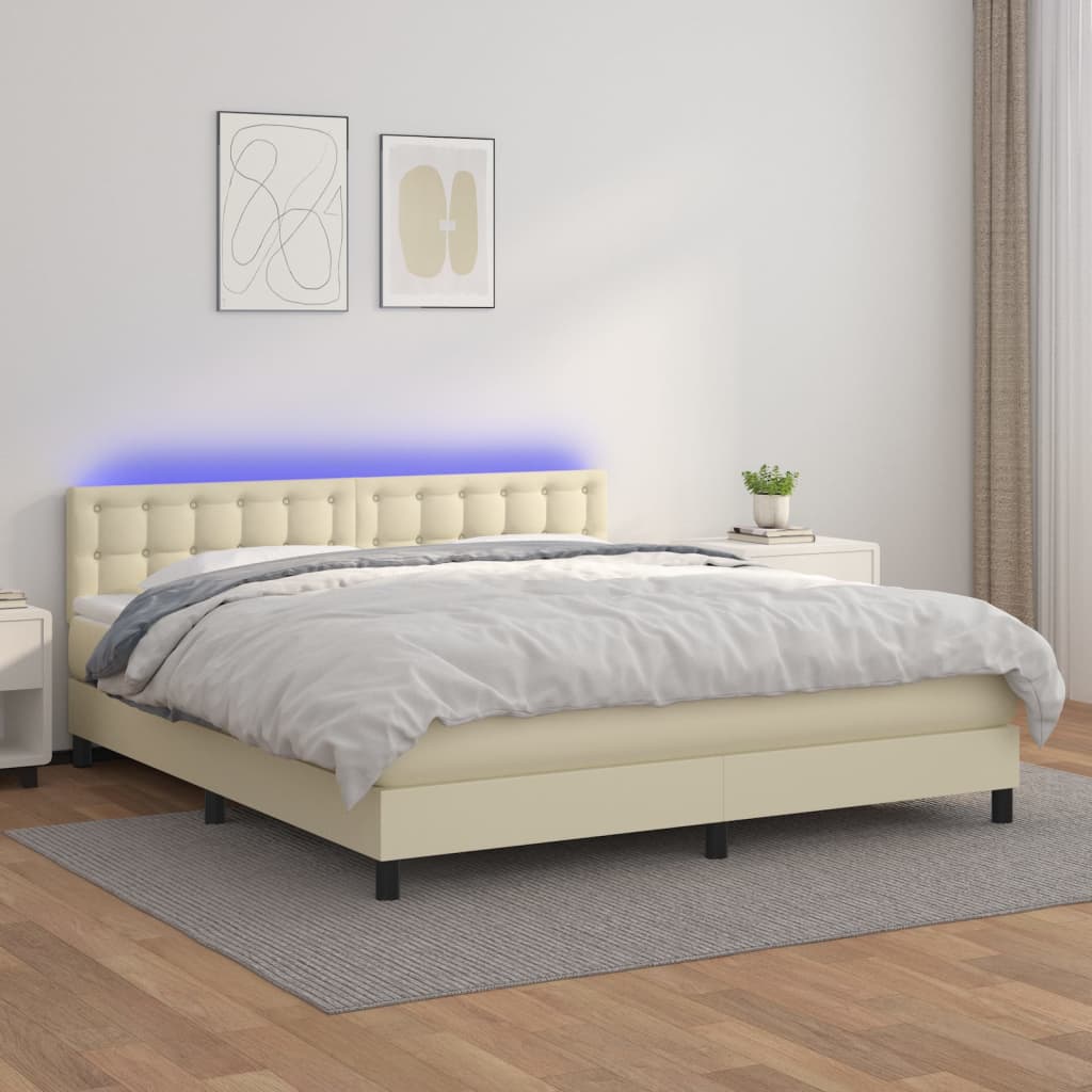 vidaXL Boxspringbett mit Matratze & LED Creme 160x200 cm Kunstleder