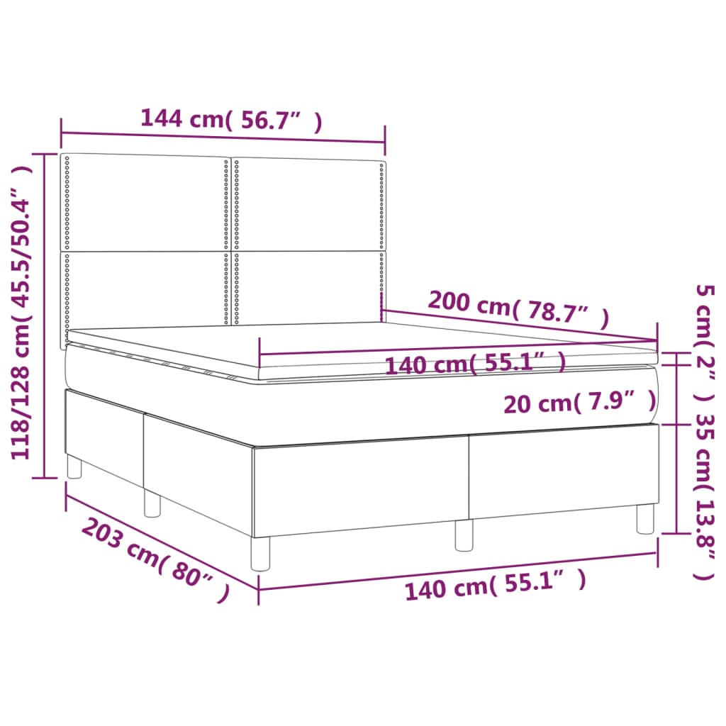 vidaXL Boxspringbett mit Matratze & LED Hellgrau 140x200 cm Stoff