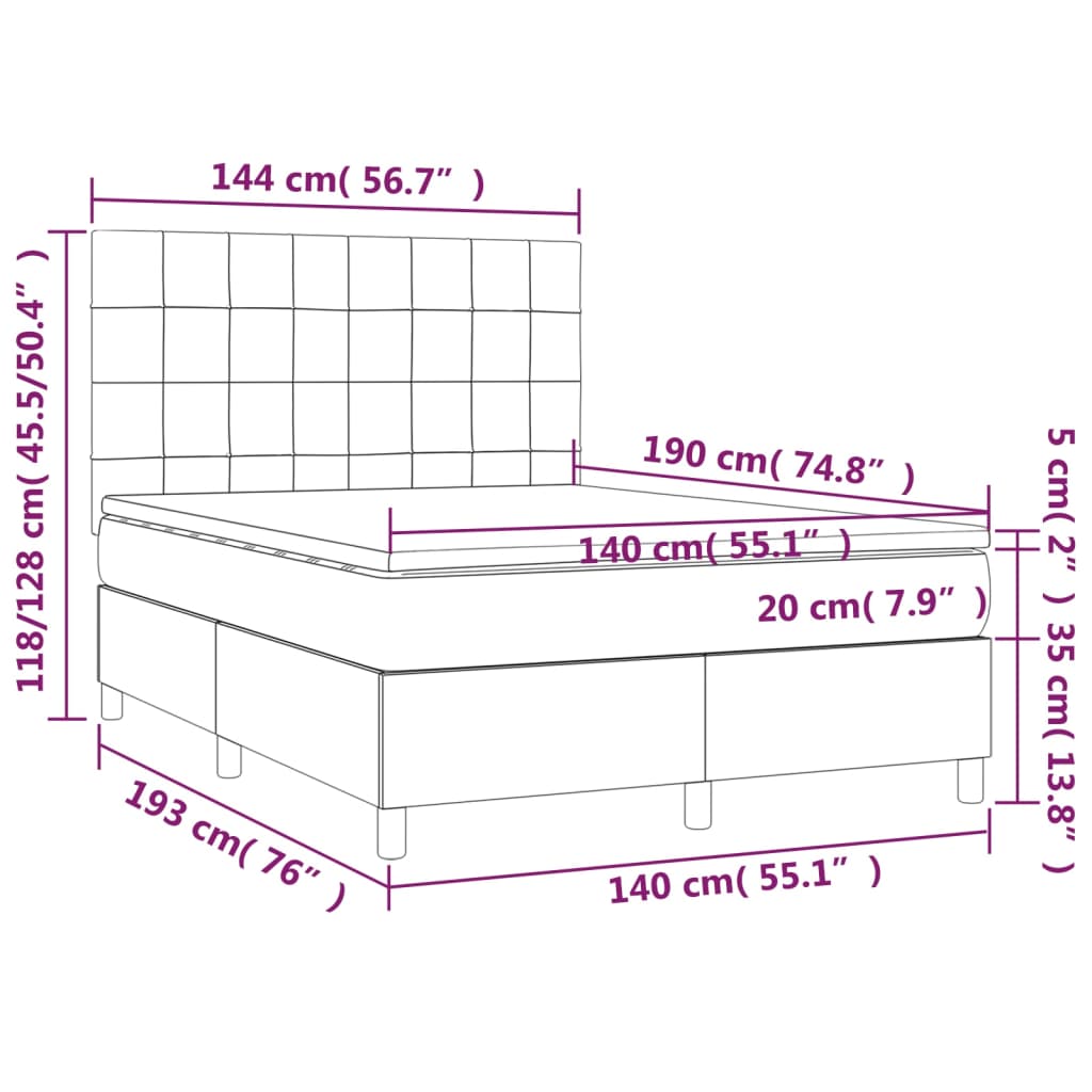vidaXL Boxspringbett mit Matratze & LED Hellgrau 140x190 cm Stoff