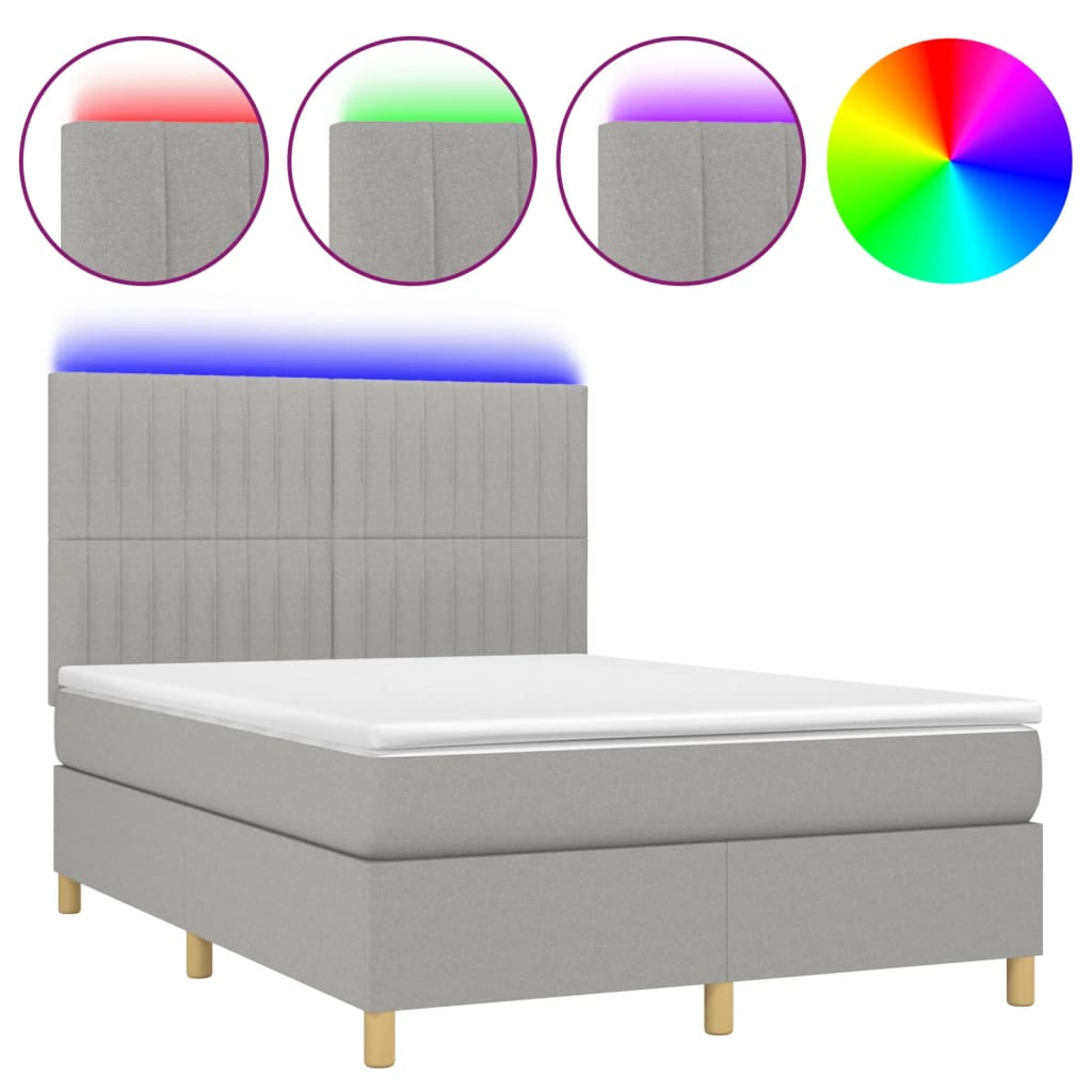 vidaXL Boxspringbett mit Matratze & LED Hellgrau 140x190 cm Stoff