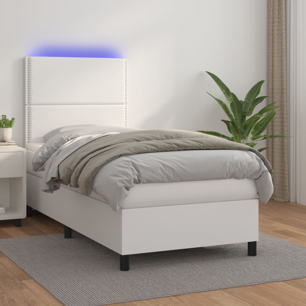 vidaXL Boxspringbett mit Matratze & LED Weiß 90x200 cm Kunstleder