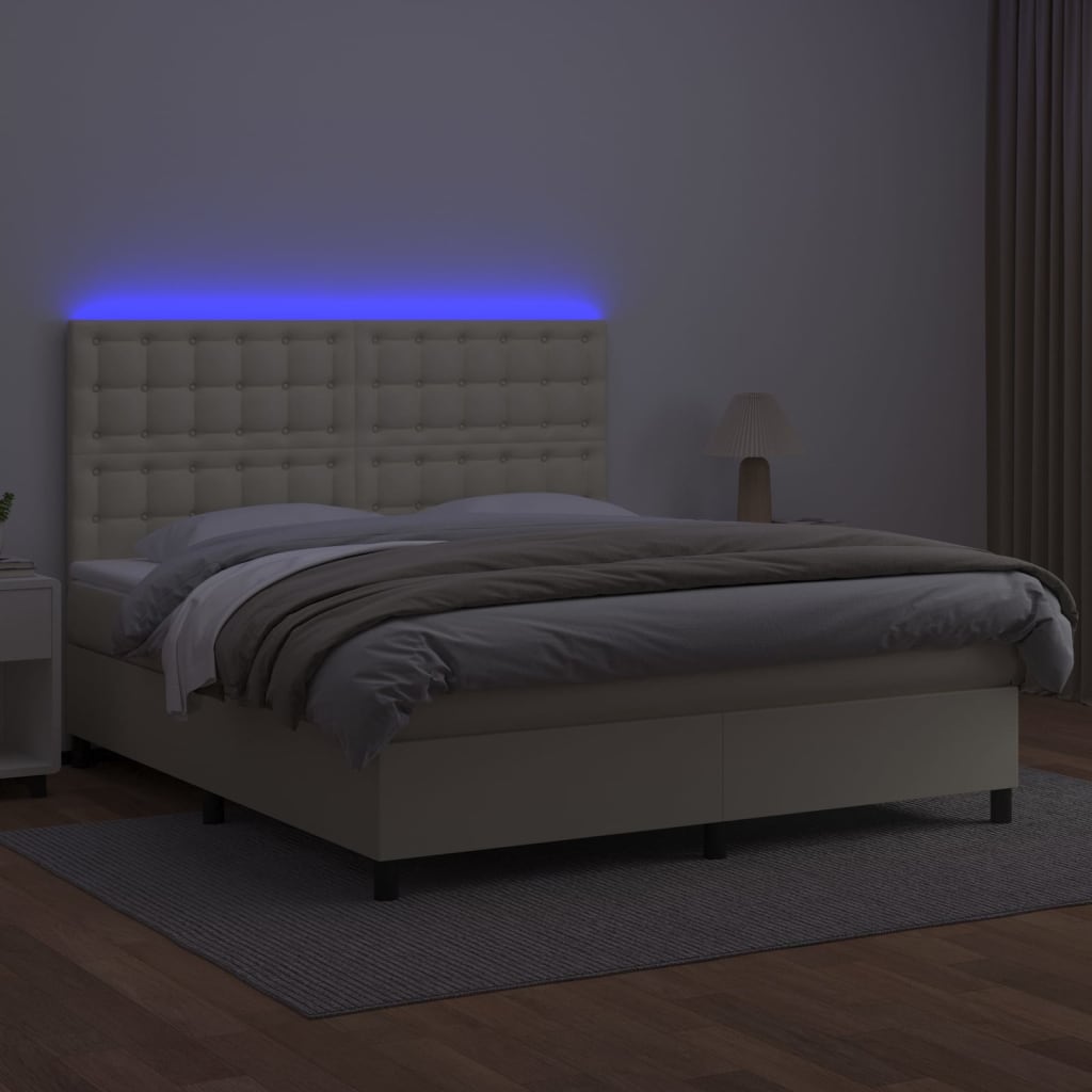vidaXL Boxspringbett mit Matratze & LED Creme 160x200 cm Kunstleder