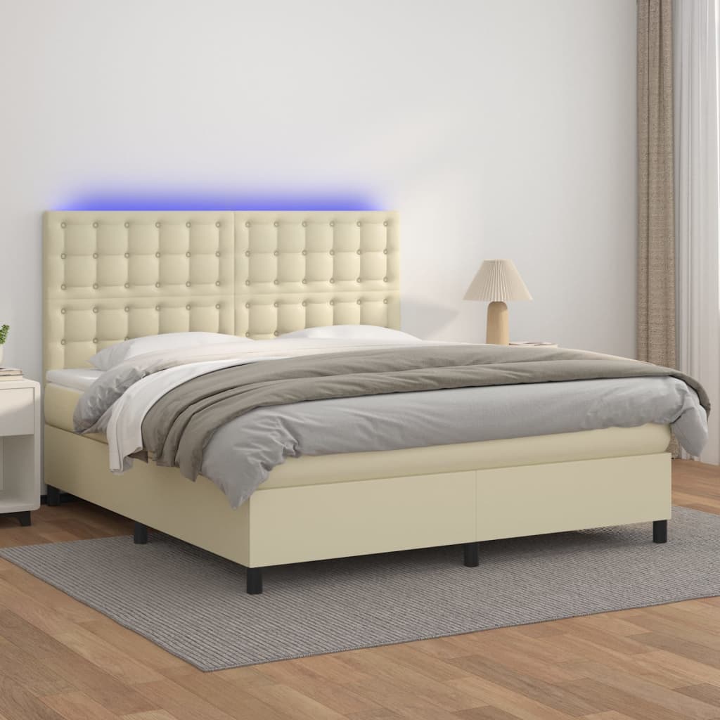 vidaXL Boxspringbett mit Matratze & LED Creme 160x200 cm Kunstleder