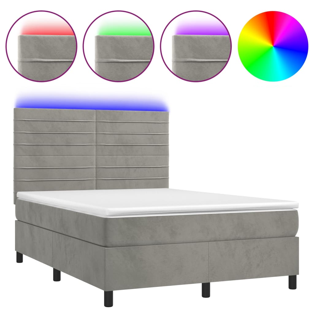 vidaXL Boxspringbett mit Matratze & LED Hellgrau 140x190 cm Samt