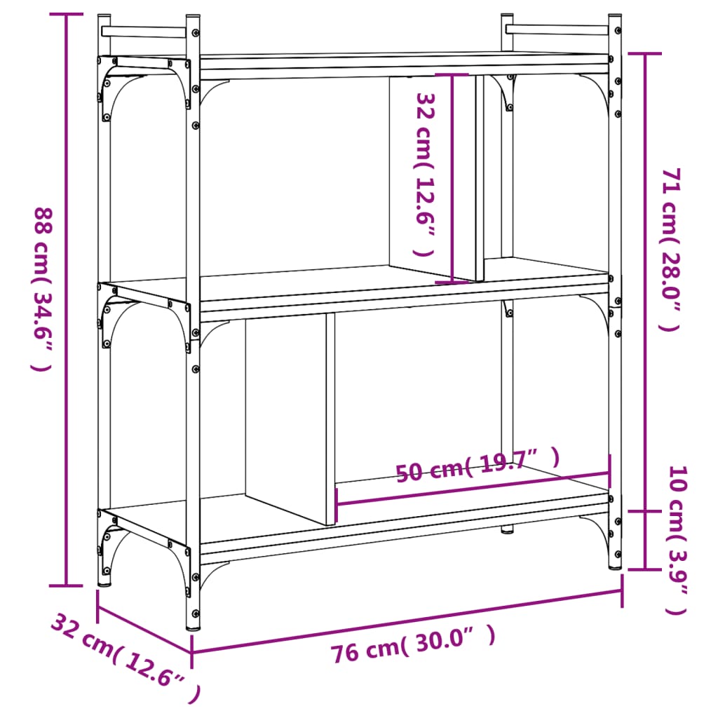 vidaXL Bücherregal 3 Böden Sonoma-Eiche 76x32x88 cm Holzwerkstoff