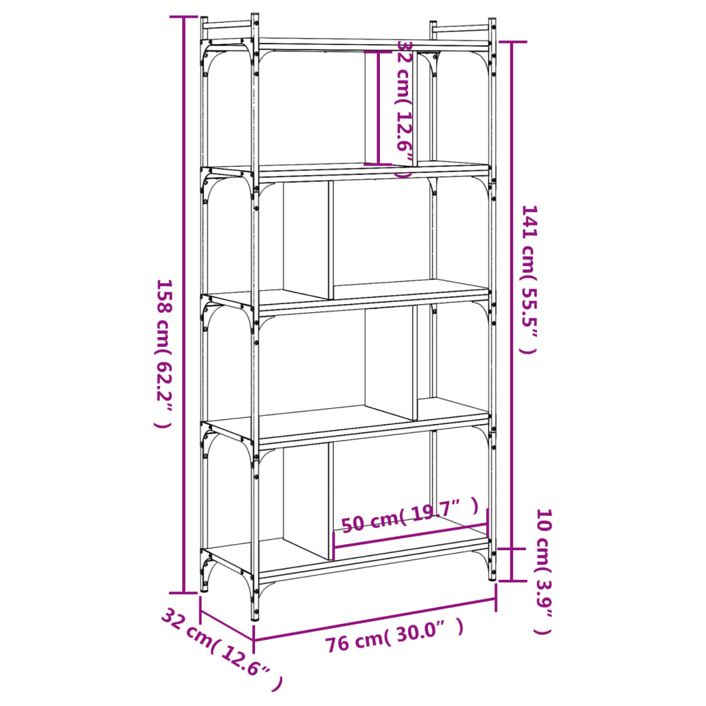vidaXL Bücherregal 5 Böden Räuchereiche 76x32x158 cm Holzwerkstoff
