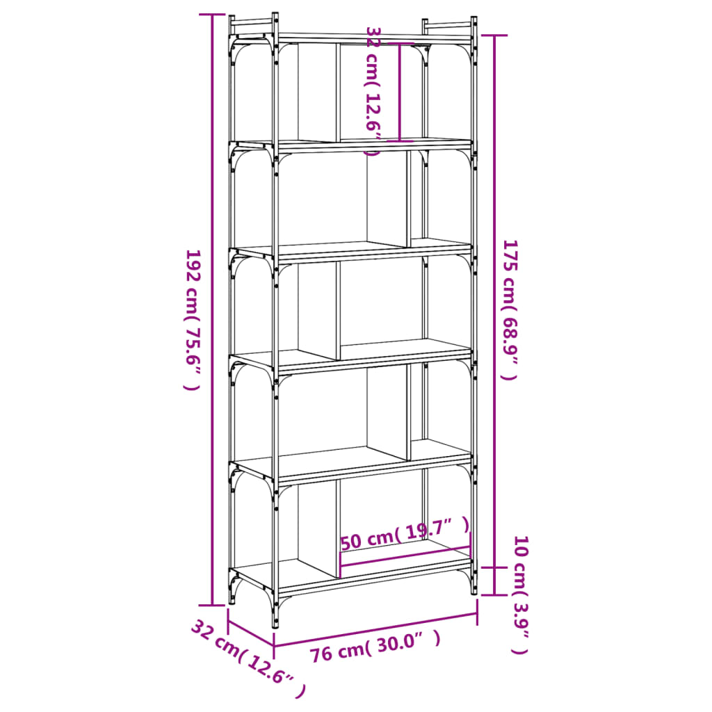 vidaXL Bücherregal 6 Böden Räuchereiche 76x32x192 cm Holzwerkstoff