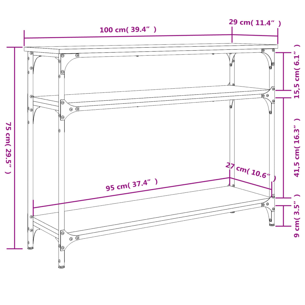 vidaXL Console de table grise Sonoma 100x29x75 cm en bois d'ingénierie