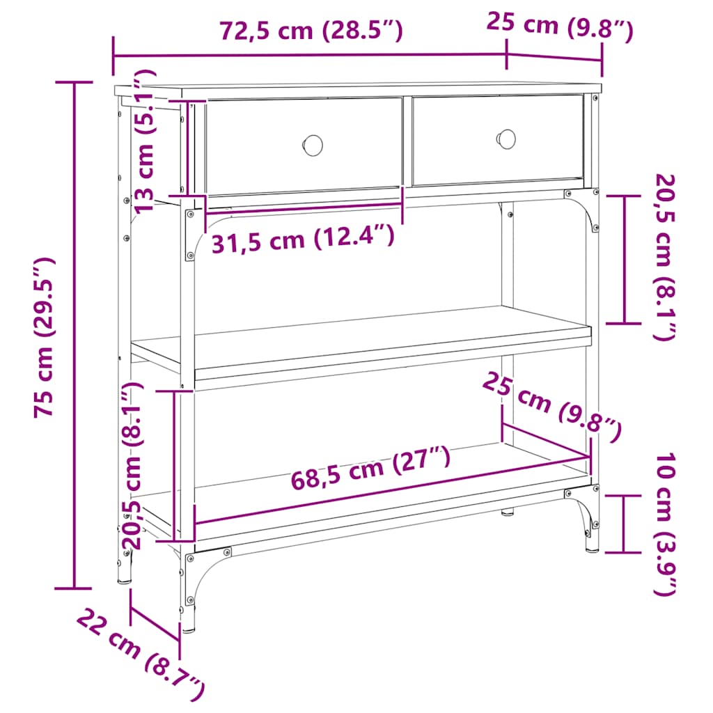 vidaXL Konsolentisch Sonoma-Eiche 72,5x25x75 cm Holzwerkstoff