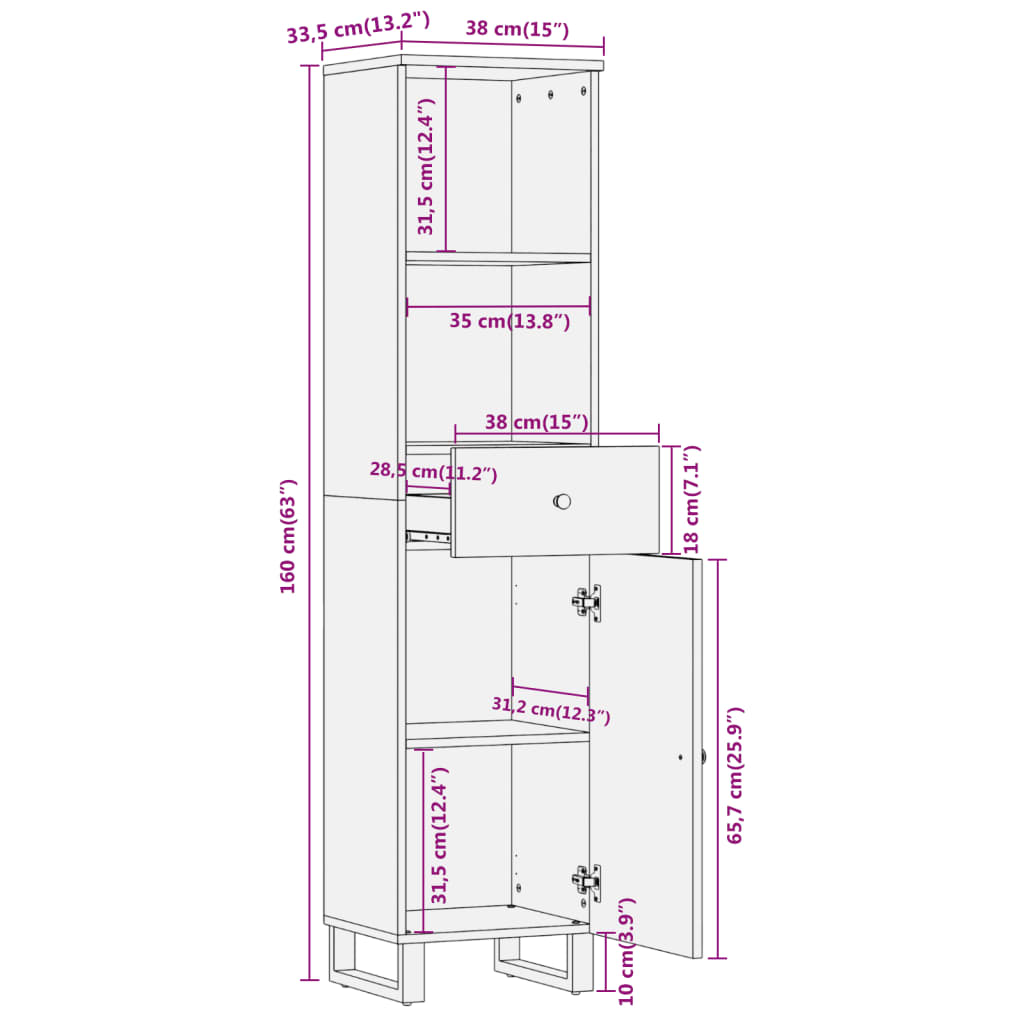 vidaXL Badschrank Braun und Schwarz 38x33,5x160 cm Massivholz Mango