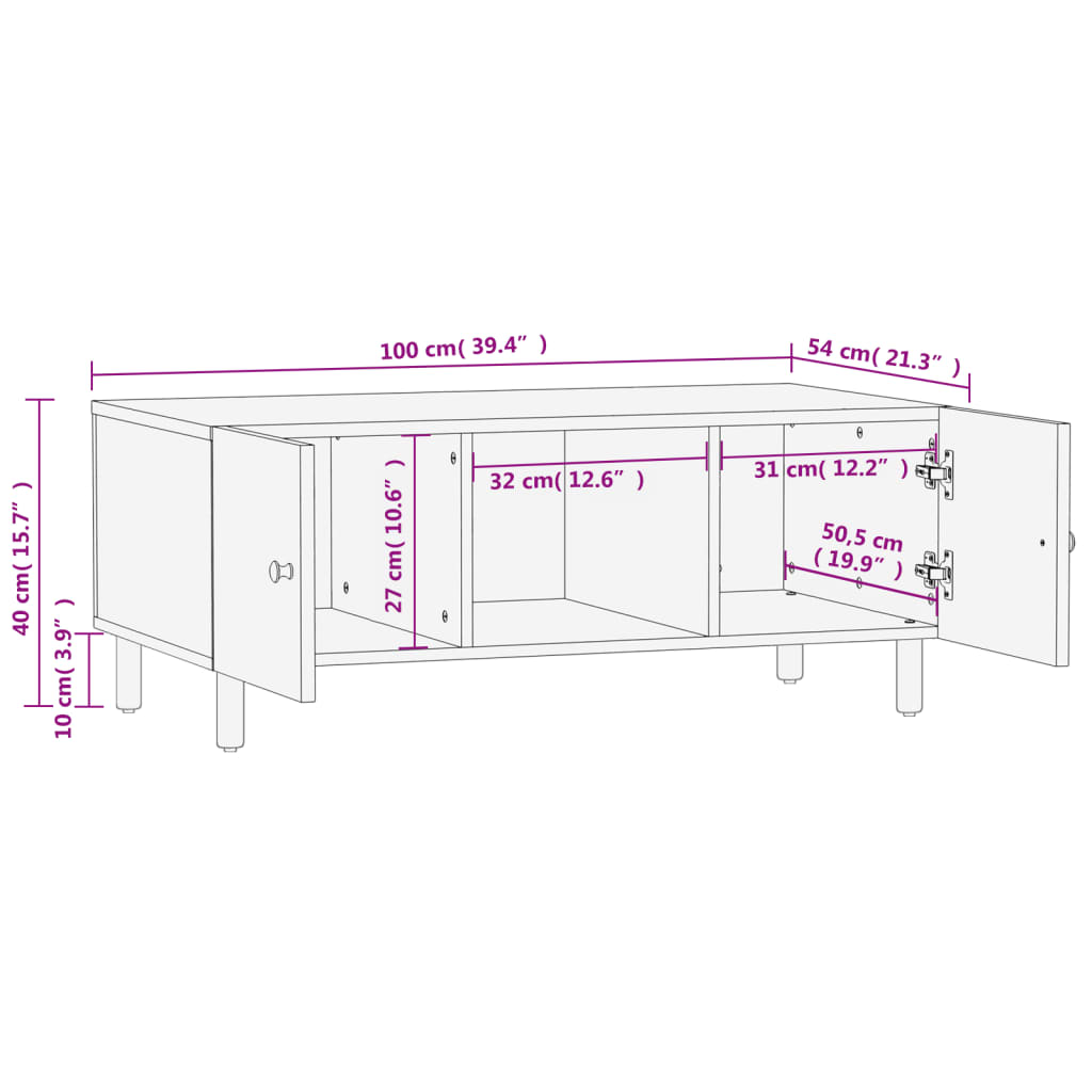 vidaXL Couchtisch Schwarz 100x54x40 cm Massivholz Mango