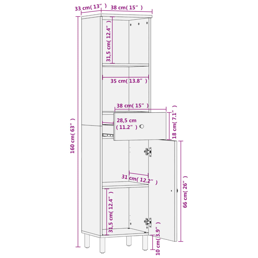 vidaXL Armoire de salle de bain noir 38x33x160 cm Bois de manguier massif
