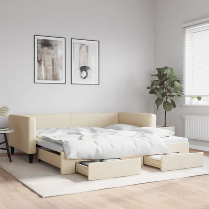 Tagesbett Ausziehbar mit Schubladen Creme 100x200 cm Stoff