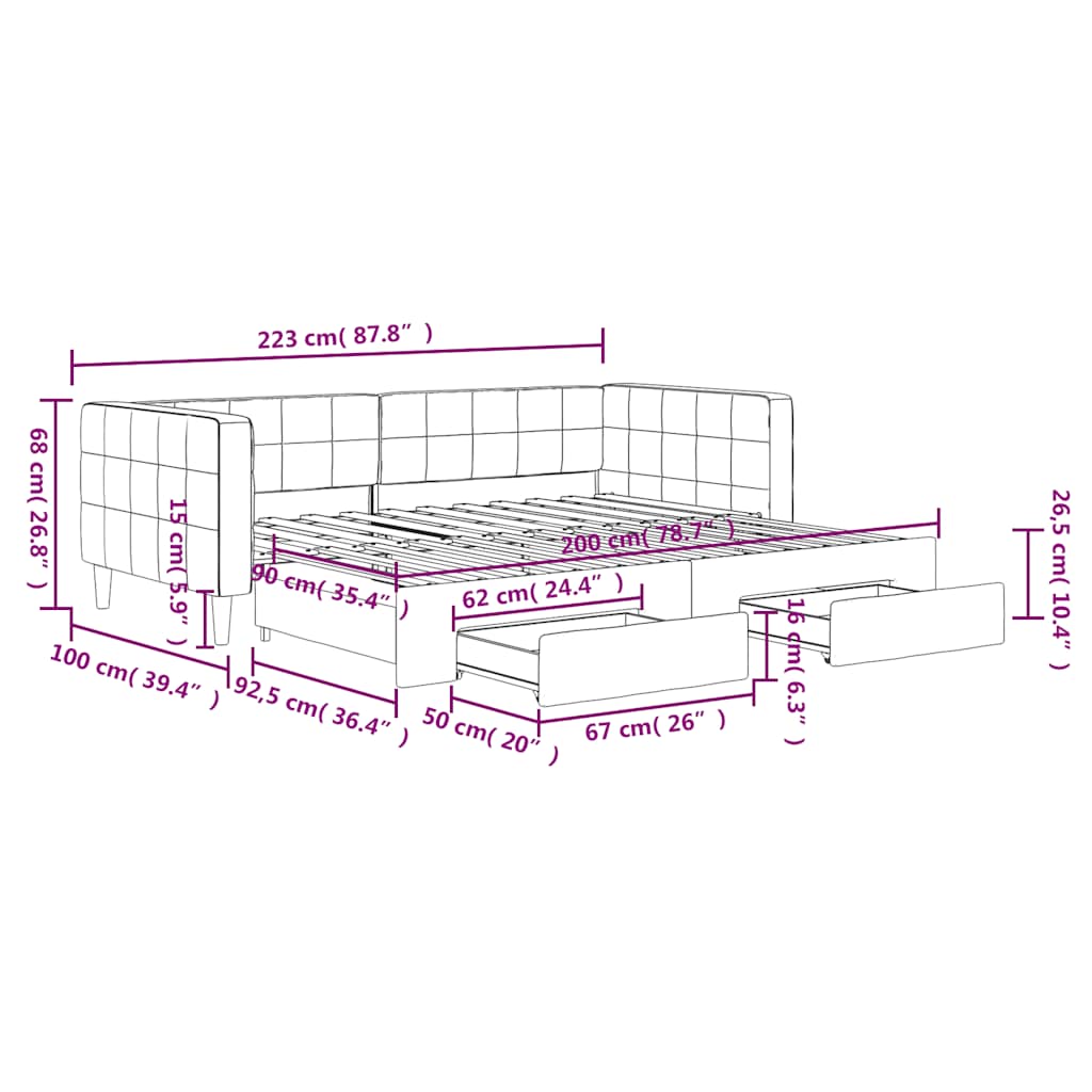 vidaXL Tagesbett Ausziehbar mit Schubladen Dunkelgrau 90x200 cm Samt