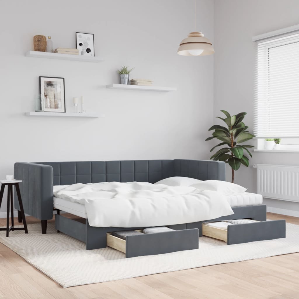 vidaXL Lit de repos extensible avec tiroirs Gris foncé 90x200 cm Velours