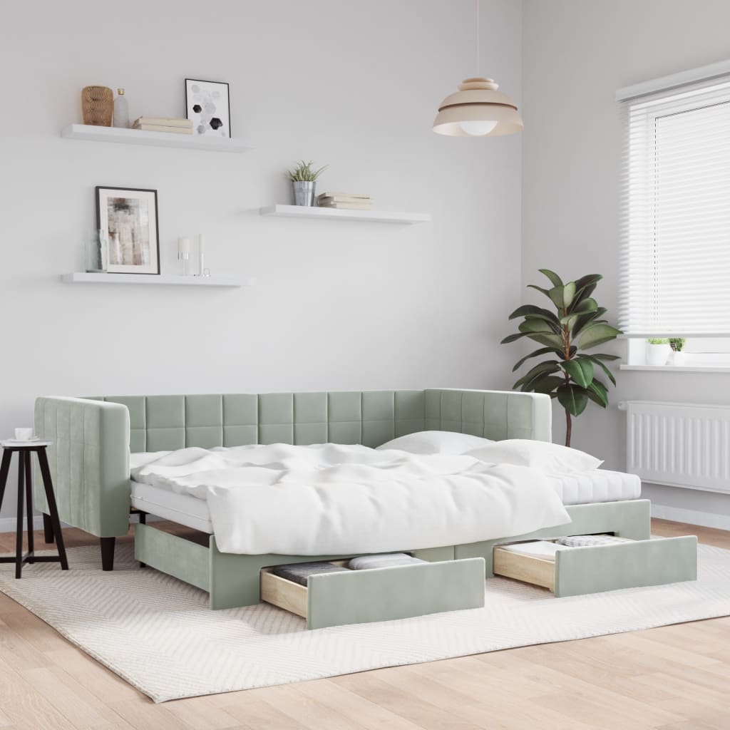 vidaXL Tagesbett Ausziehbar mit Schubladen Hellgrau 90x190 cm Samt
