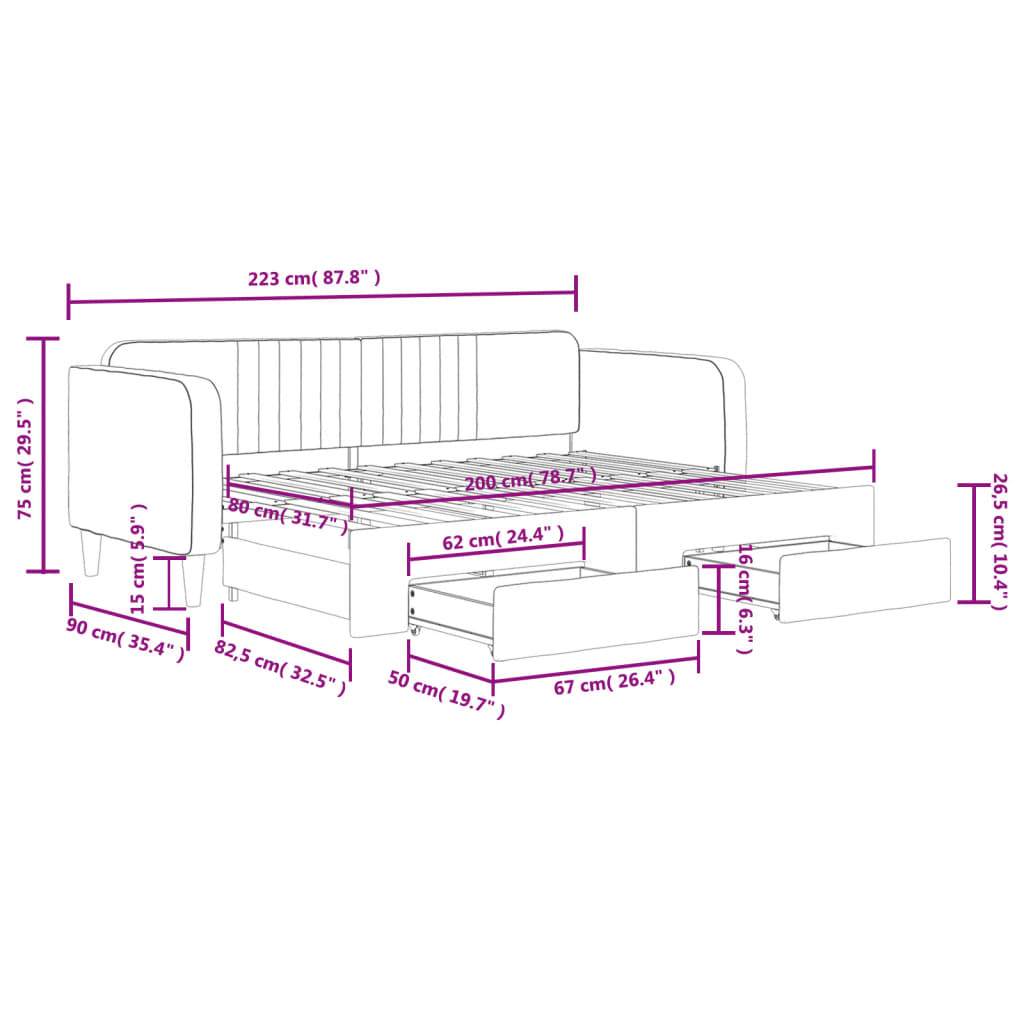 vidaXL Tagesbett Ausziehbar mit Schubladen Dunkelgrau 80x200 cm Samt