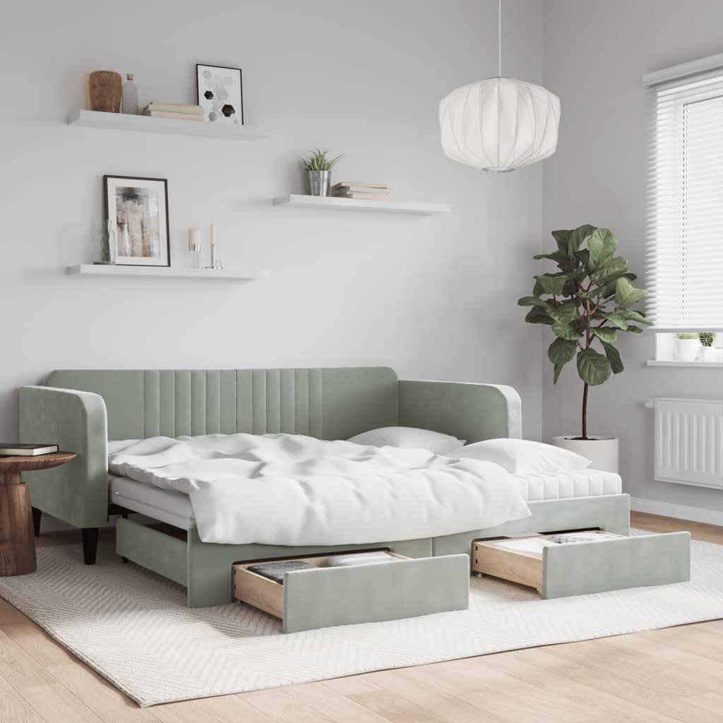vidaXL Lit de repos extensible avec tiroirs Gris clair 90x190 cm Velours