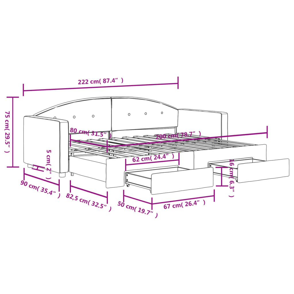 vidaXL Tagesbett Ausziehbar mit Schubladen Dunkelgrau 80x200 cm Samt