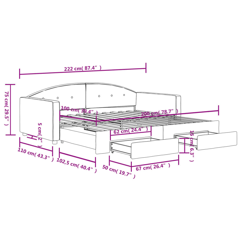 vidaXL Tagesbett Ausziehbar mit Schubladen Dunkelgrau 100x200 cm Samt