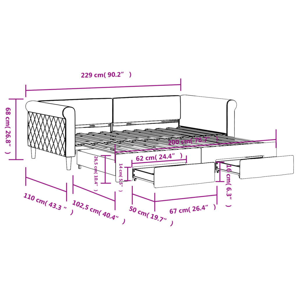 vidaXL Tagesbett Ausziehbar mit Schubladen Dunkelgrau 100x200 cm Samt