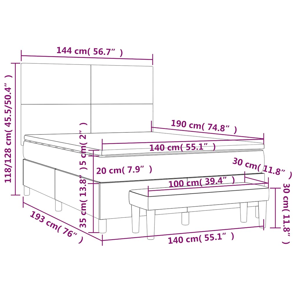 vidaXL Lit tapissier avec matelas bleu foncé 140x190 cm Velours