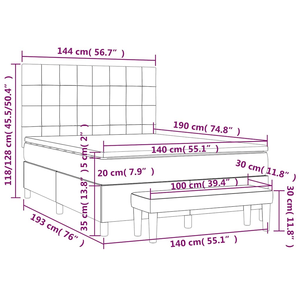 vidaXL Lit tapissier avec matelas bleu foncé 140x190 cm Velours