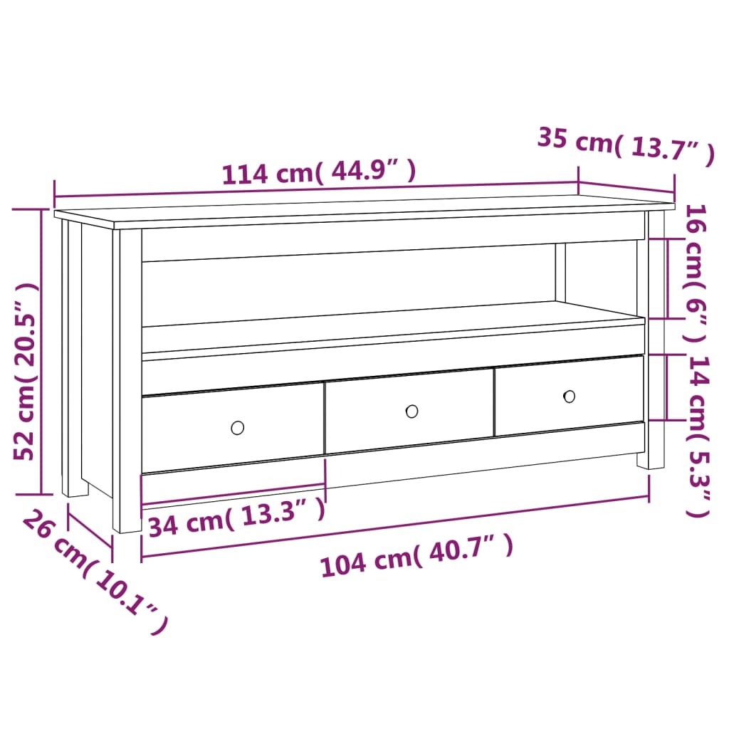 vidaXL Meuble TV Noir 114x35x52 cm Bois de pin massif
