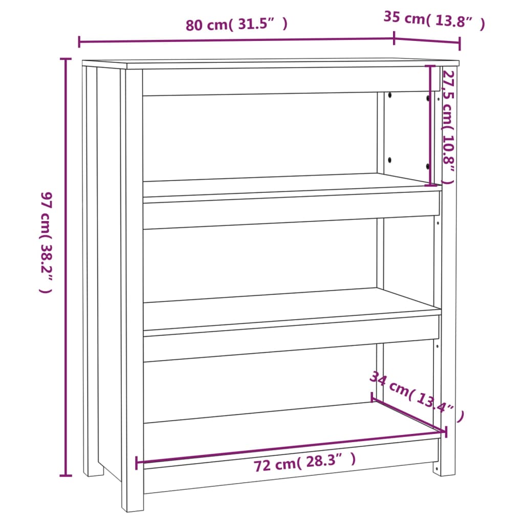 vidaXL Bücherregal Weiß 80x35x97 cm Massivholz Kiefer