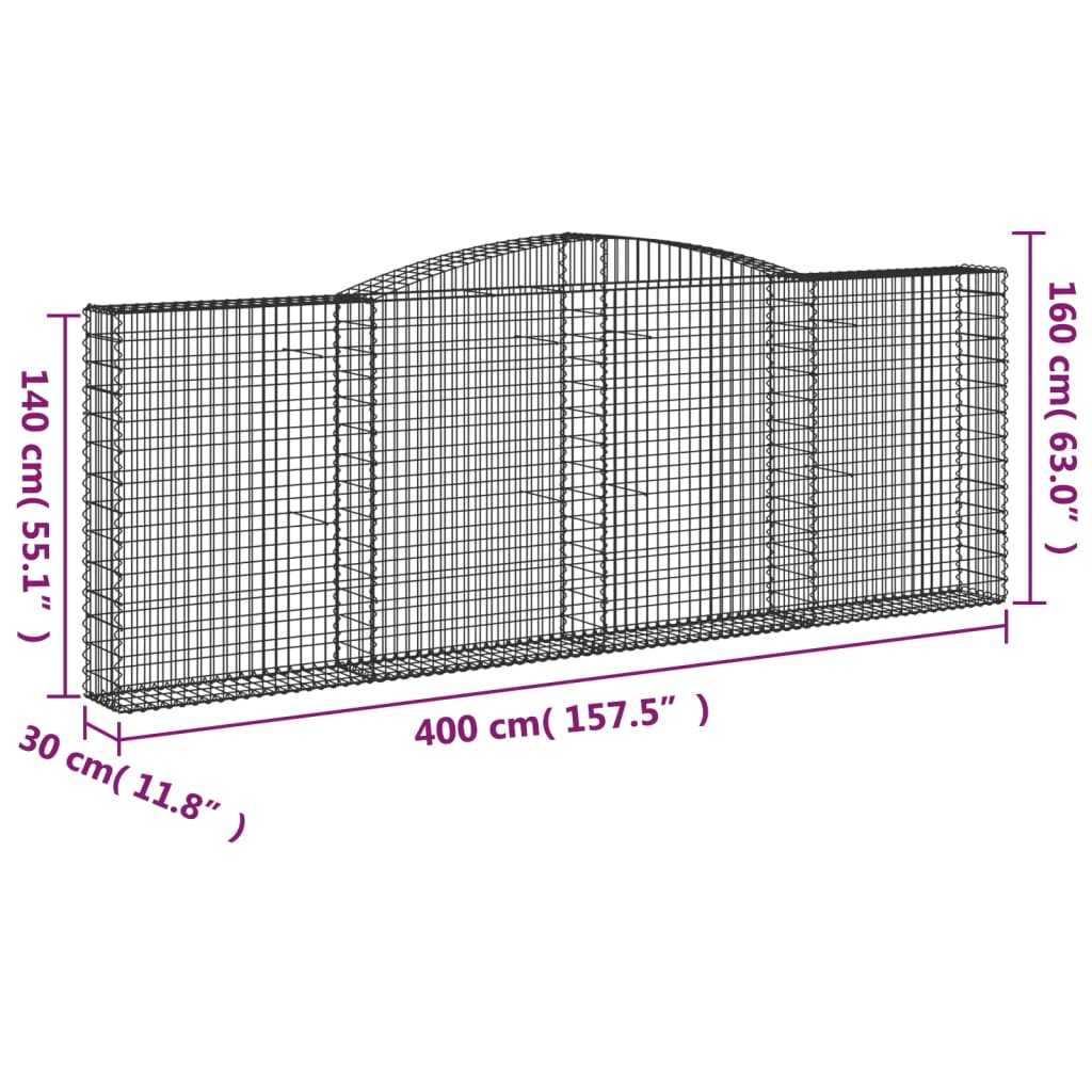 vidaXL Gabionen mit Hochbogen 2 Stk. 400x30x140/160cm Verzinktes Eisen