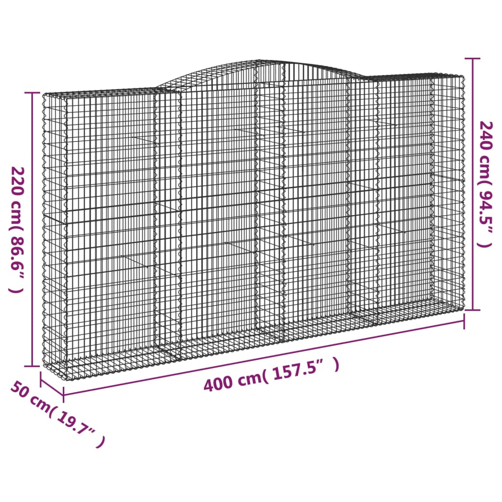 vidaXL Gabionen mit Hochbogen 9 Stk. 400x50x220/240cm Verzinktes Eisen
