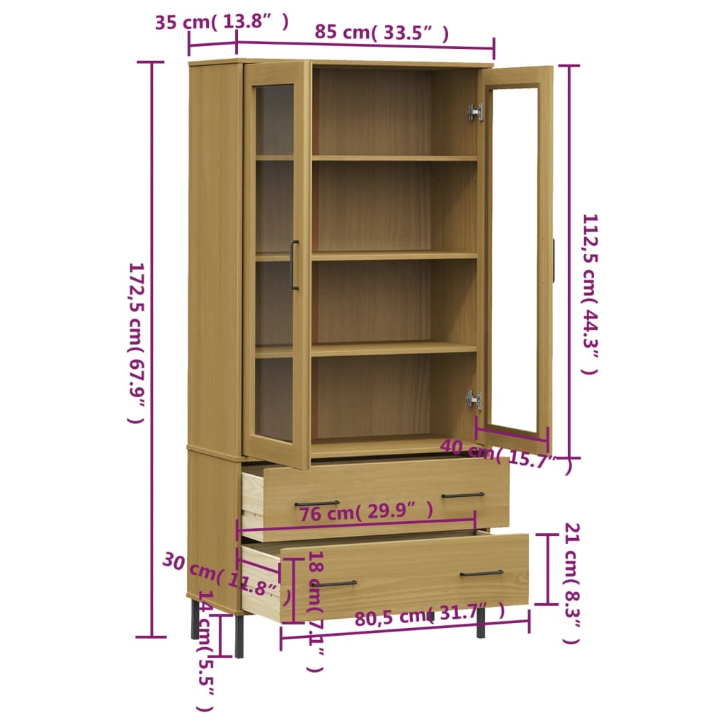 vidaXL Bücherschrank OSLO Metallbeine Braun 85x35x172,5 cm Massivholz