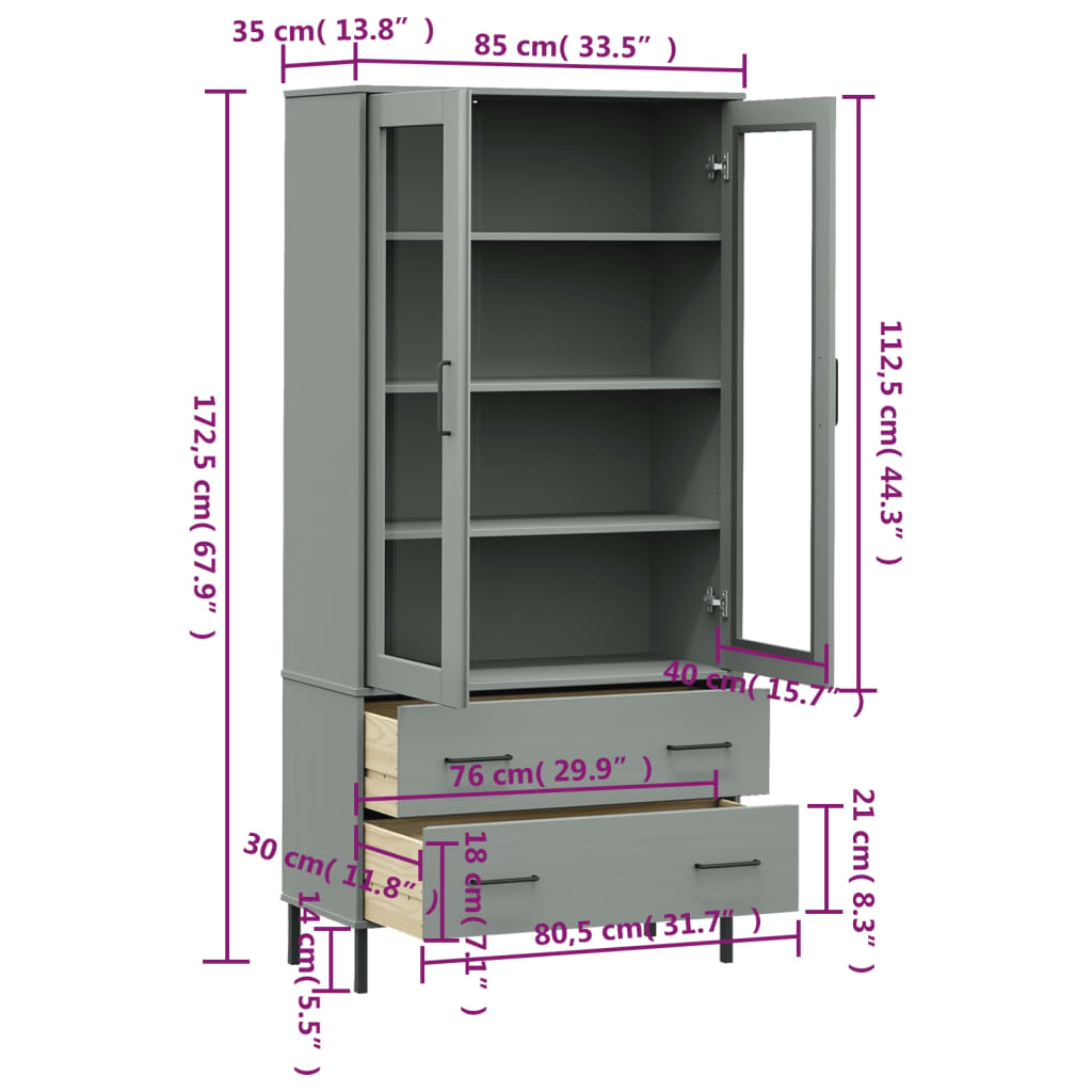 vidaXL Bücherschrank OSLO Metallbeine Grau 85x35x172,5 cm Massivholz