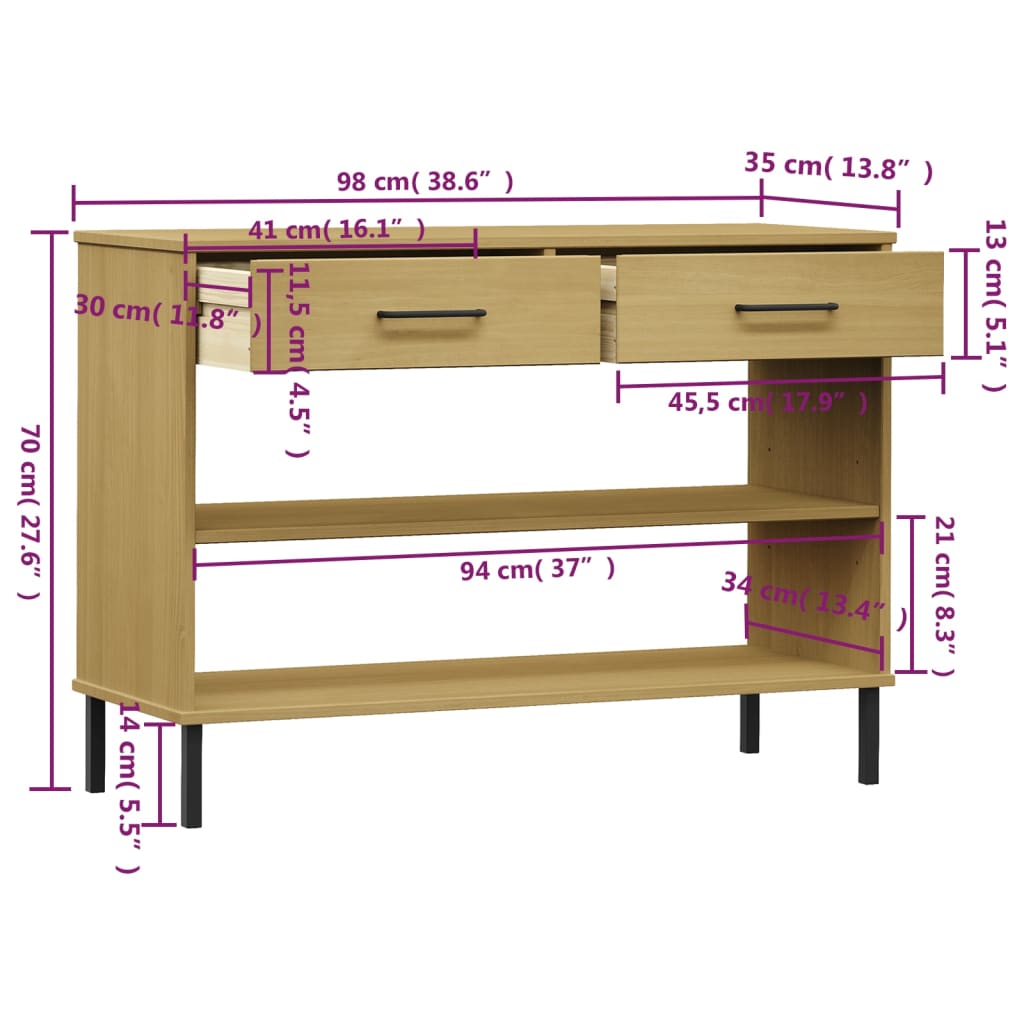 vidaXL Console OSLO avec pieds en métal Marron Bois de pin massif