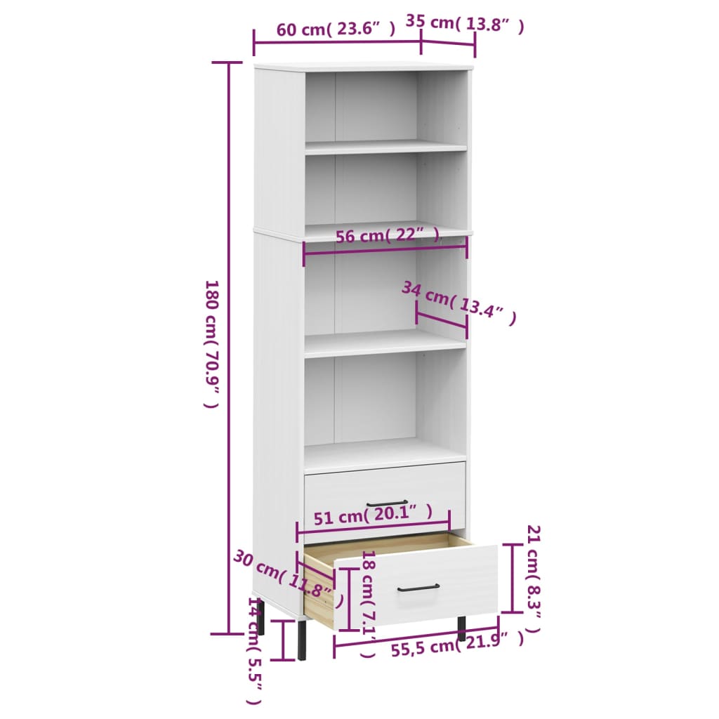 vidaXL Bücherregal OSLO mit 2 Schubladen Weiß 60x35x180 cm Massivholz