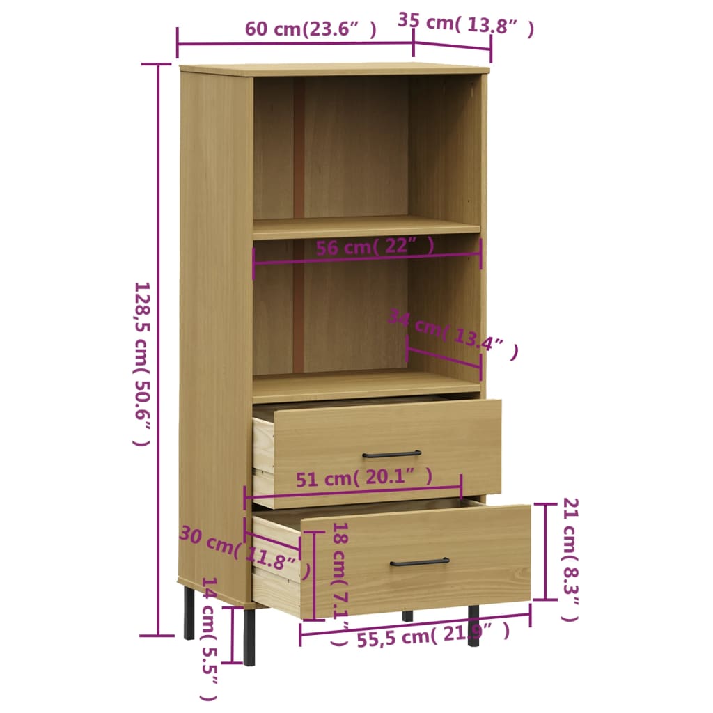 vidaXL Bücherregal OSLO 2 Schubladen Braun 60x35x128,5 cm Massivholz