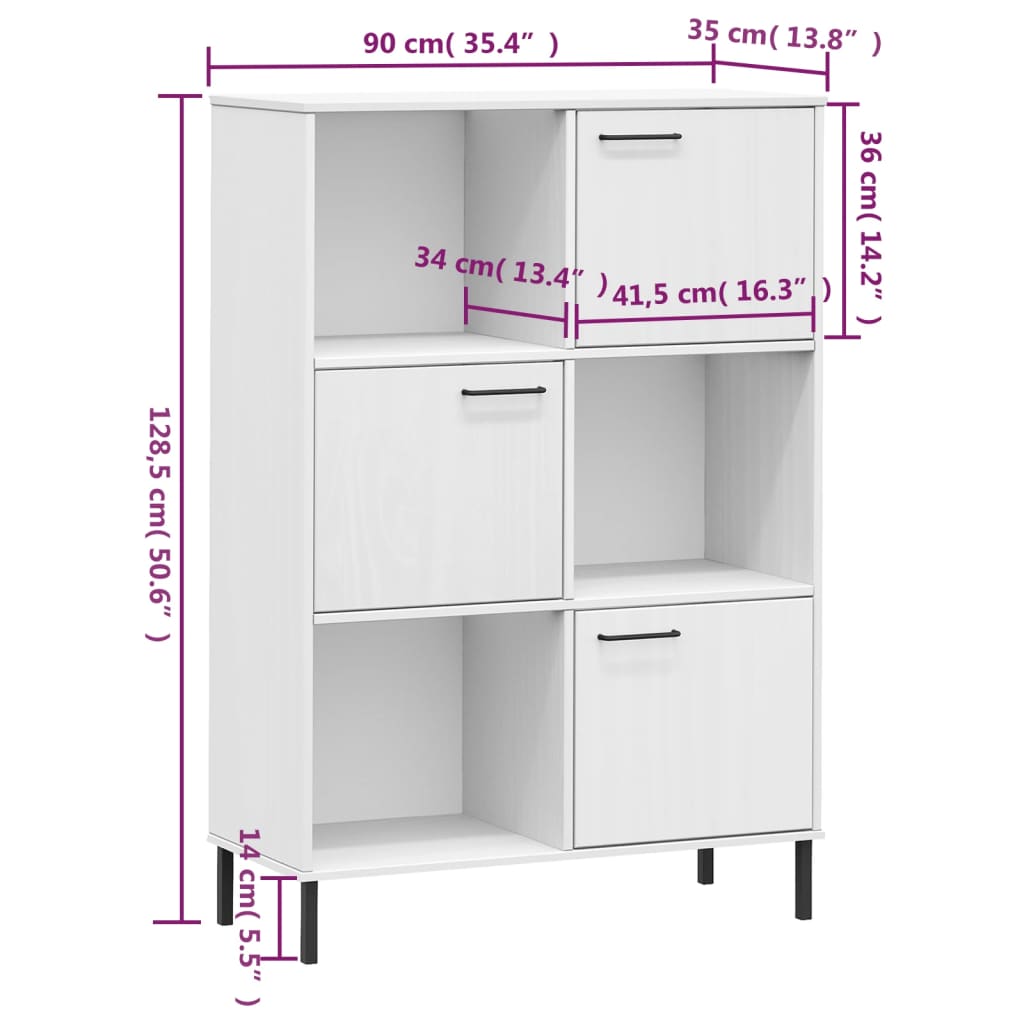 vidaXL Bücherregal OSLO mit Metallbeinen Weiß 90x35x128,5cm Massivholz