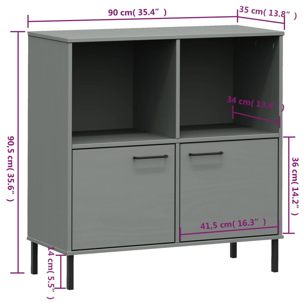 vidaXL Bücherregal OSLO mit Metallbeinen Grau 90x35x90,5 cm Massivholz