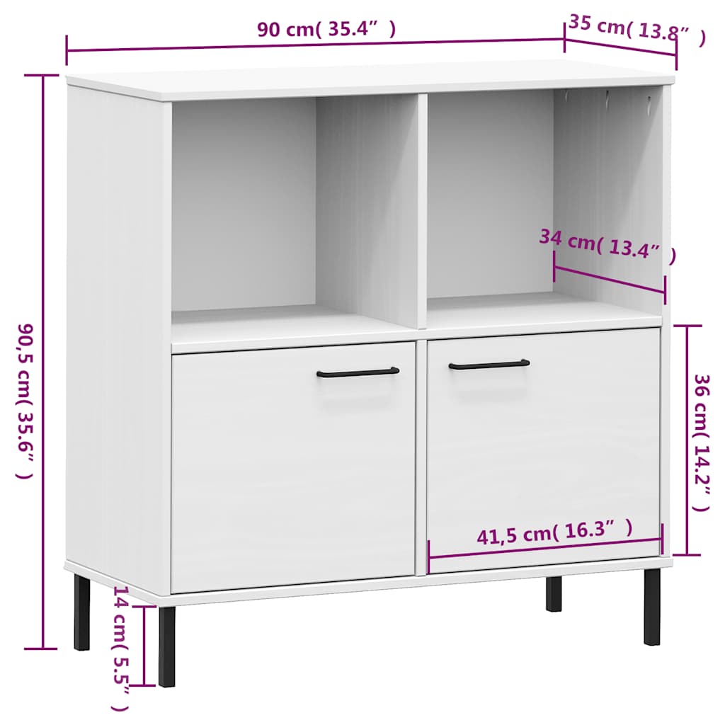 vidaXL Bücherregal OSLO mit Metallbeinen Weiß 90x35x90,5 cm Massivholz