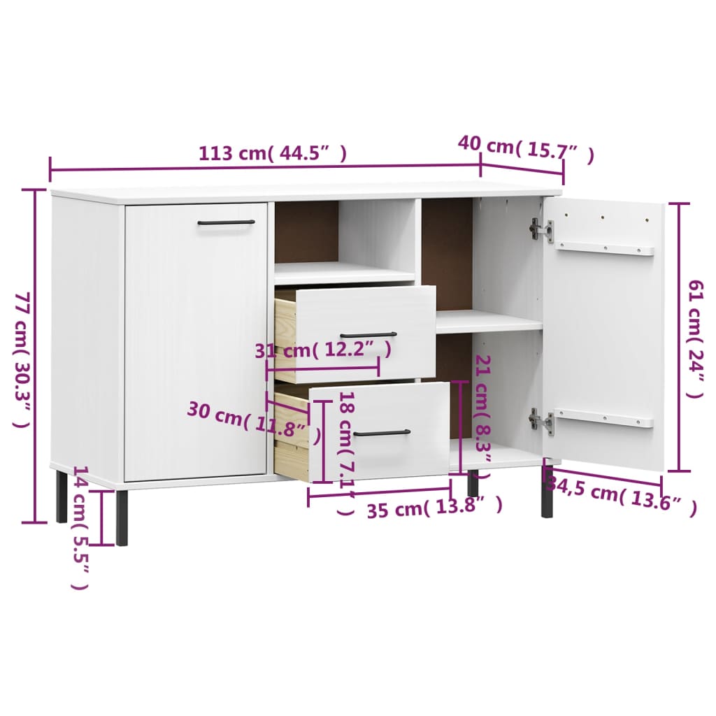 vidaXL Buffet OSLO avec pieds en métal Blanc 113x40x77 cm Bois massif